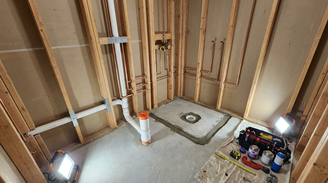 Bathroom rough-in plumbing during remodel by Johns Plumbing LLC in Converse