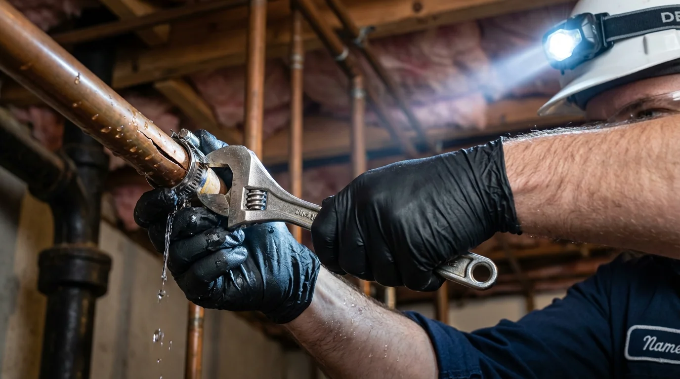 Emergency pipe clamp repair being performed by a Johns Plumbing LLC plumber in Converse