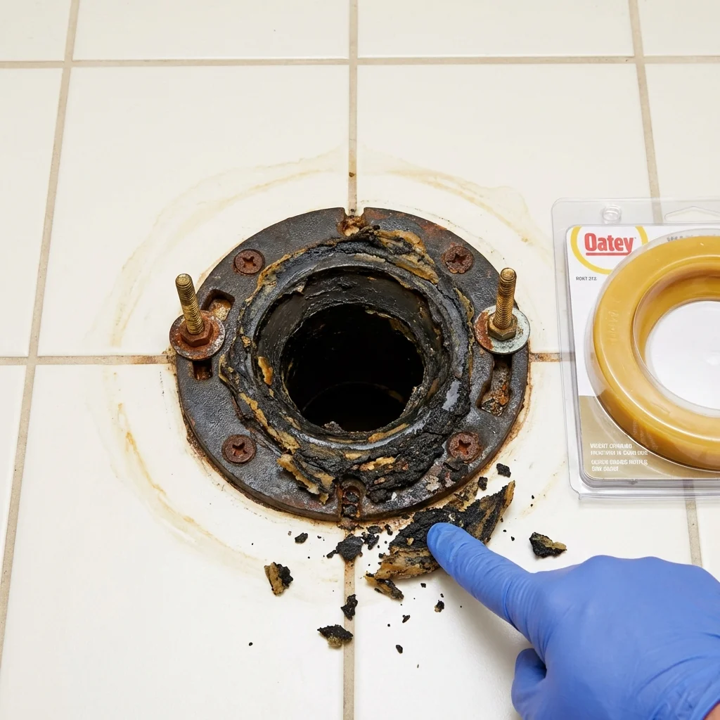 Failed wax ring showing water seepage at the base of a toilet in a Converse, TX home